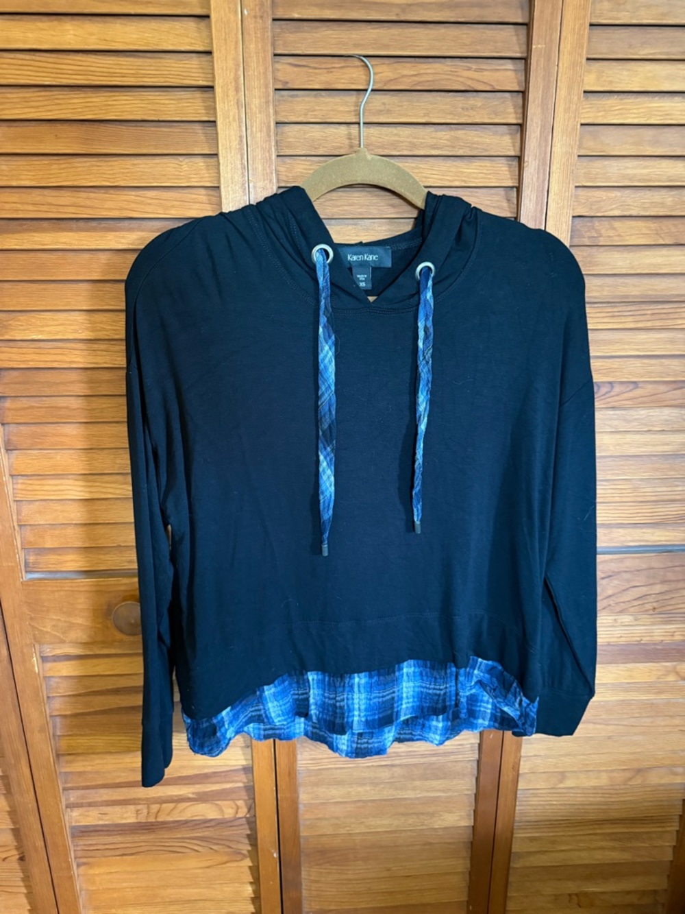 Karen Kane Black Hoodie with Blue Plaid Drawstrings and Trim